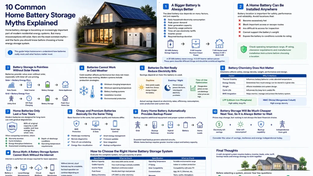 Home battery storage myths explained with solar, battery sizing, backup power, lifespan and energy savings