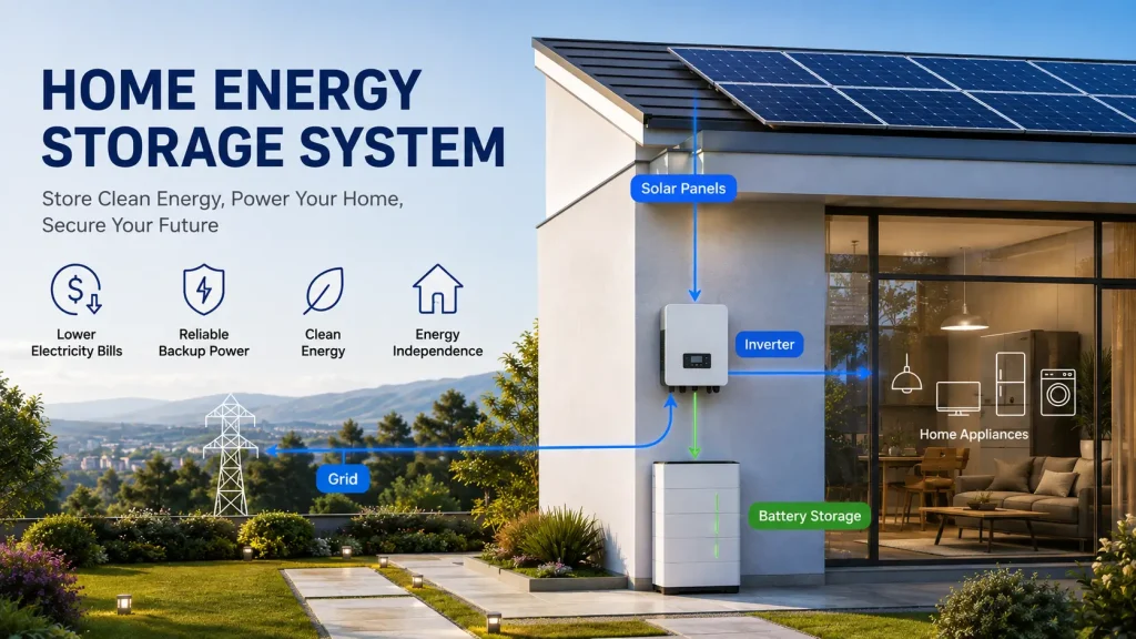 Home energy storage system with solar panels, inverter, battery storage and household appliances