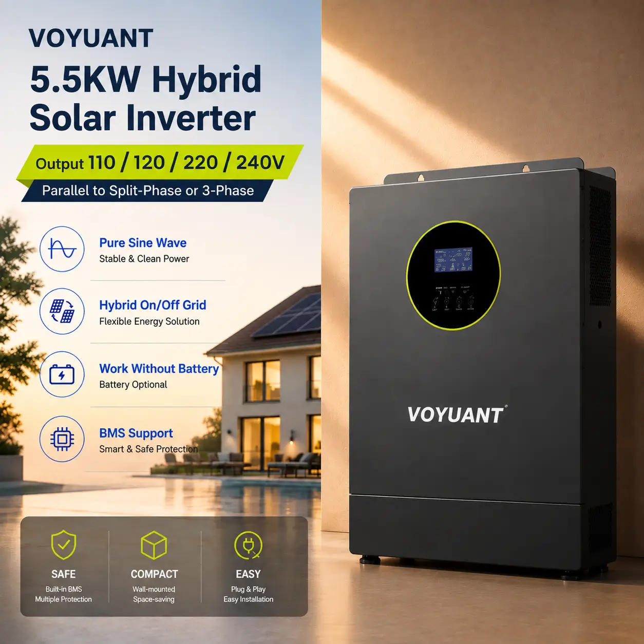 VOYUANT 5.5KW Hybrid Solar Inverter 110V/120V/220V/240V Pure Sine Wave Home Energy Storage Inverter
